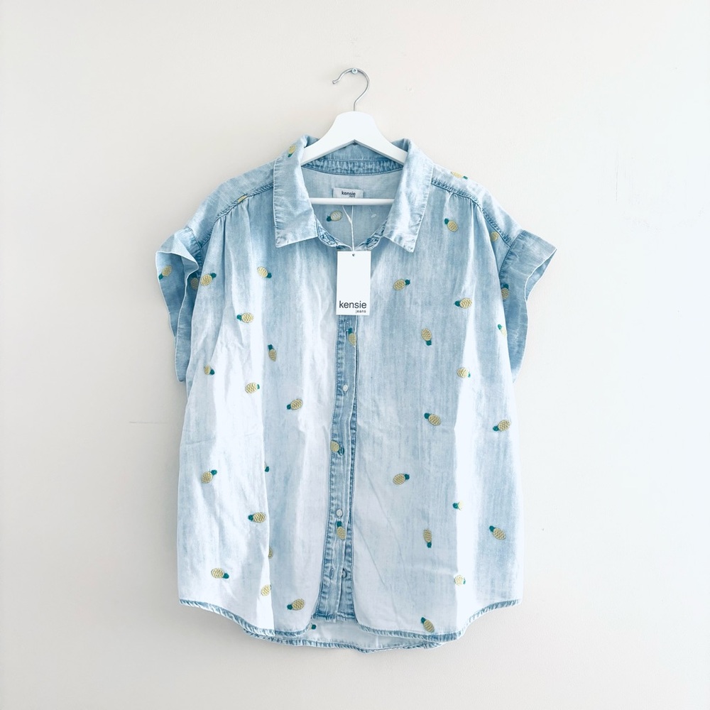 NWT Kensie jeans Pineapple Embroidered Capped-Sleeve Top XL Light Blue Denim